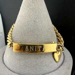 Vintage Speidel ID Bracelet Gold Tone Engraved Anita Heart Charm 6.5in